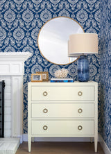 York Helm Damask Navy Floral Medallion Wallpaper