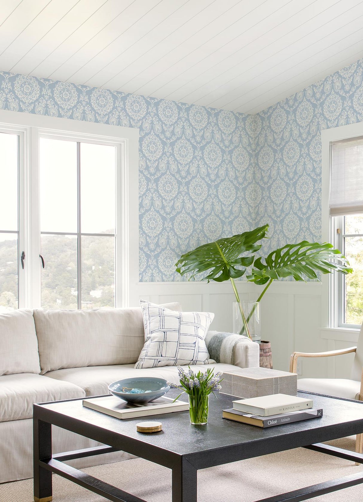 York Helm Damask Light Blue Floral Medallion Wallpaper