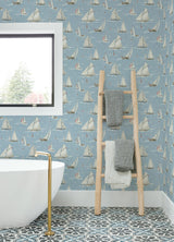 York Leeward Light Blue Sailboat Wallpaper