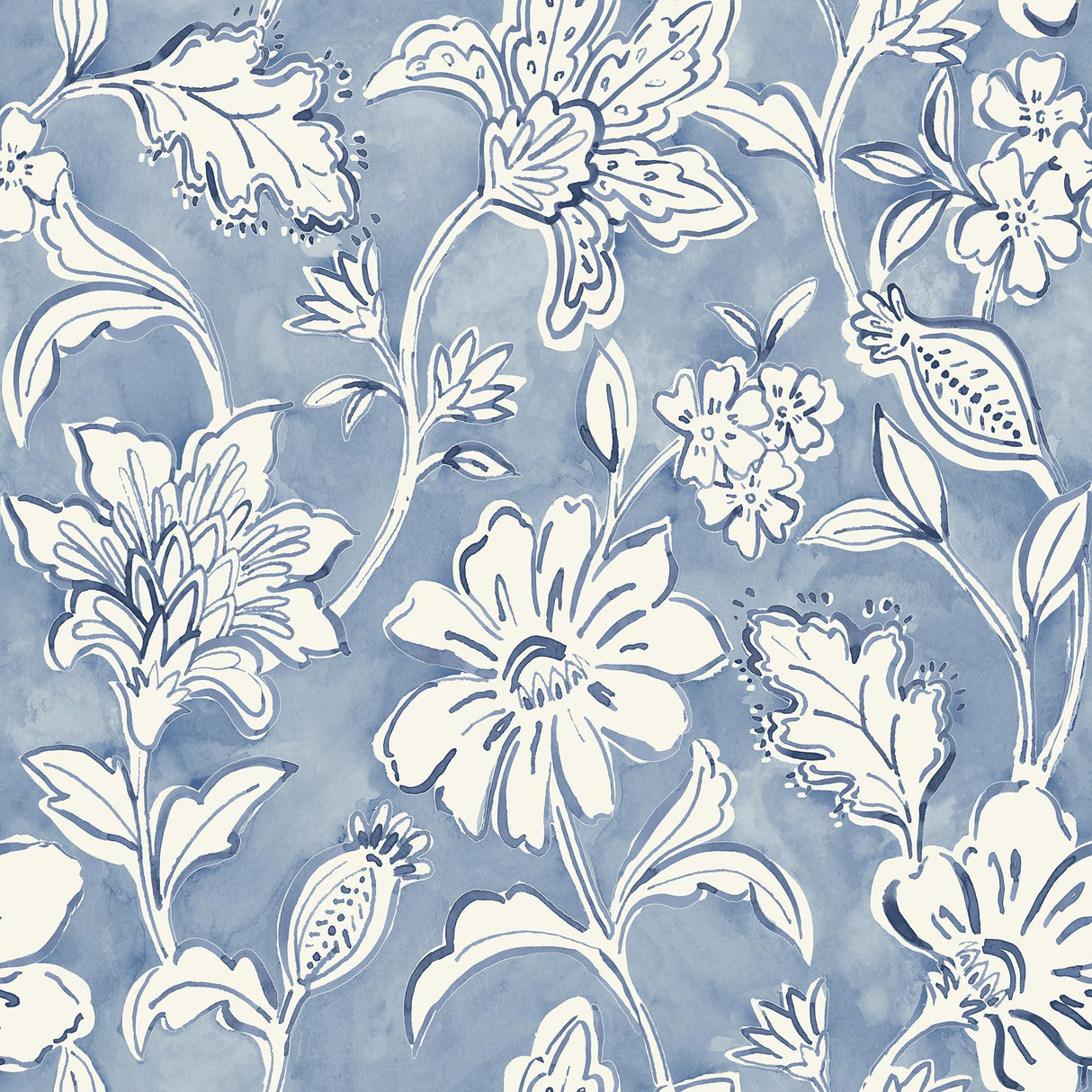 York Plumeria Blue Floral Trail Wallpaper