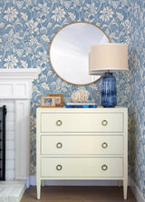 York Plumeria Blue Floral Trail Wallpaper