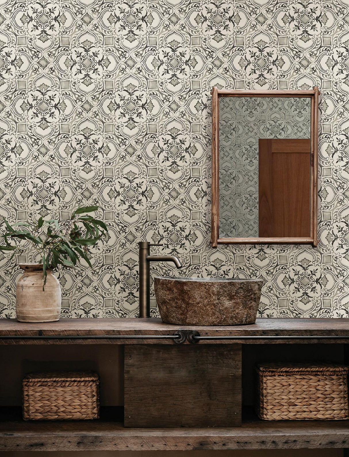 York Marjoram Black Floral Tile Wallpaper