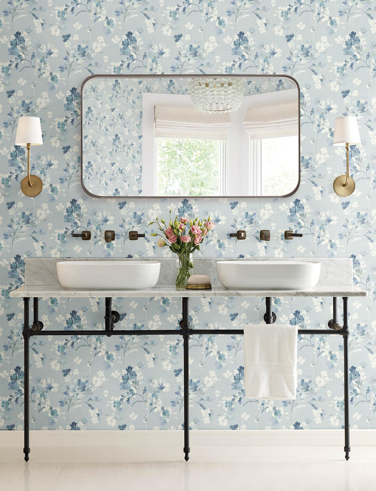 York Azalea Light Blue Floral Branches Wallpaper