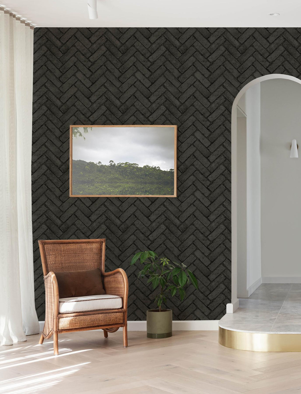 York Canelle Black Brick Herringbone Wallpaper
