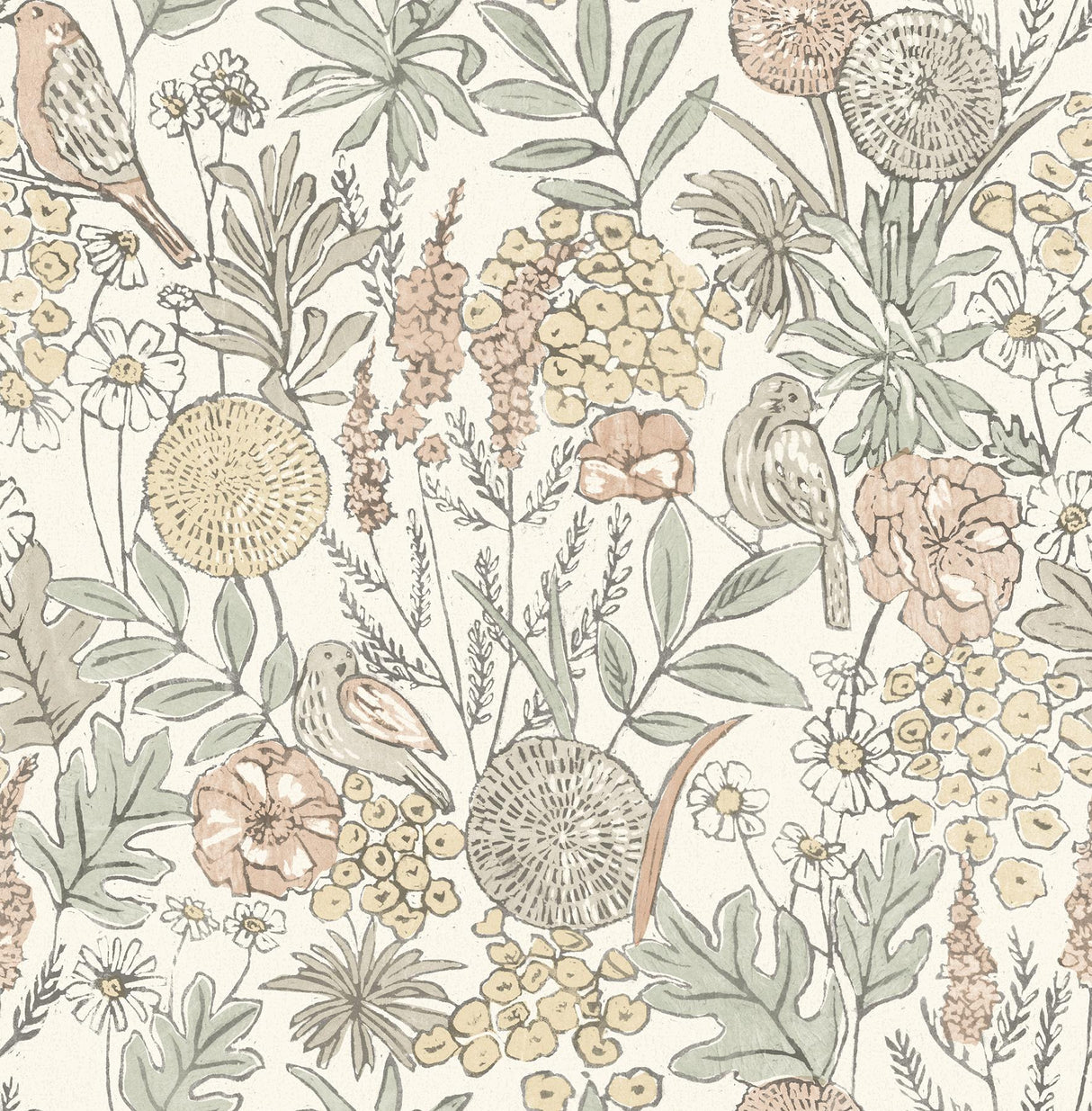 York Goldfinch Peach Birds and Blooms Wallpaper