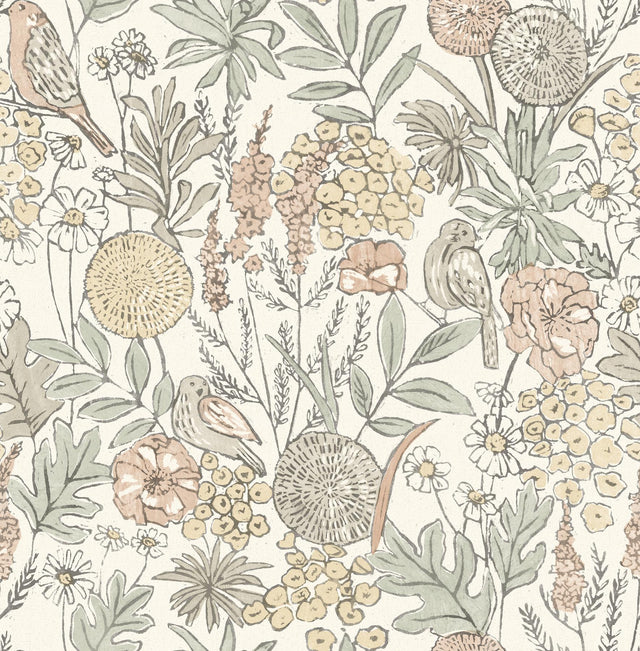York Goldfinch Peach Birds and Blooms Wallpaper