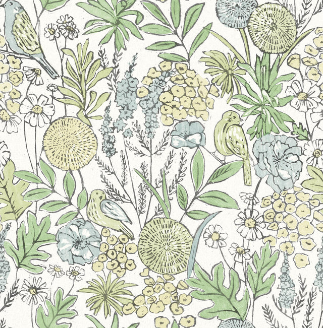 York Goldfinch Green Birds and Blooms Wallpaper