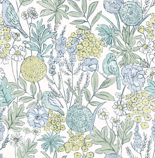 York Goldfinch Aqua Birds and Blooms Wallpaper