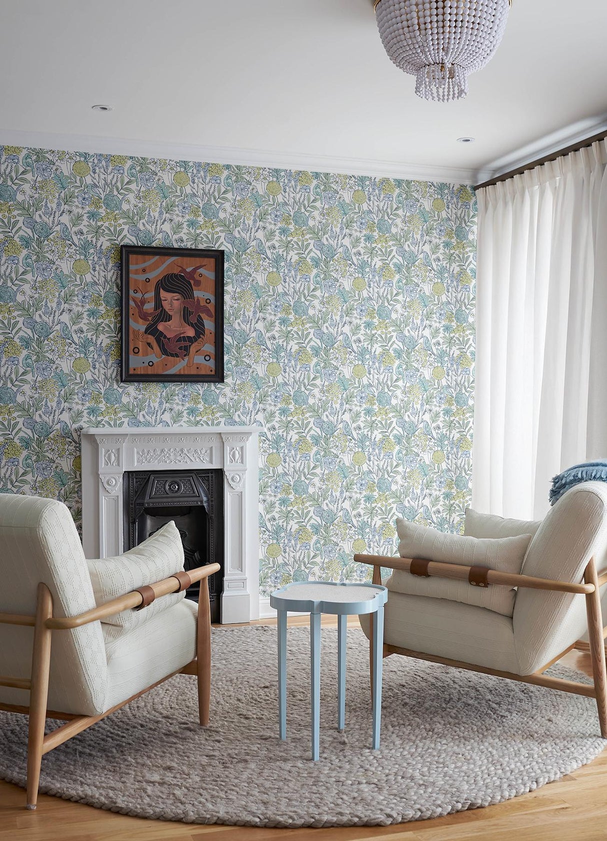 York Goldfinch Aqua Birds and Blooms Wallpaper