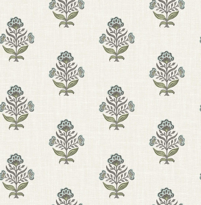York Hollyhock Aqua Floral Crest Wallpaper