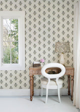York Hollyhock Aqua Floral Crest Wallpaper