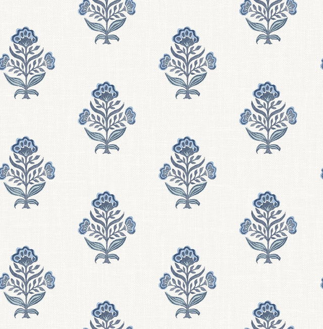 York Hollyhock Blue Floral Crest Wallpaper
