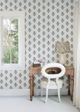 York Hollyhock Blue Floral Crest Wallpaper