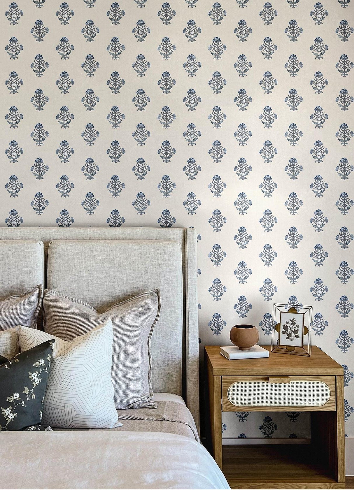 York Hollyhock Blue Floral Crest Wallpaper