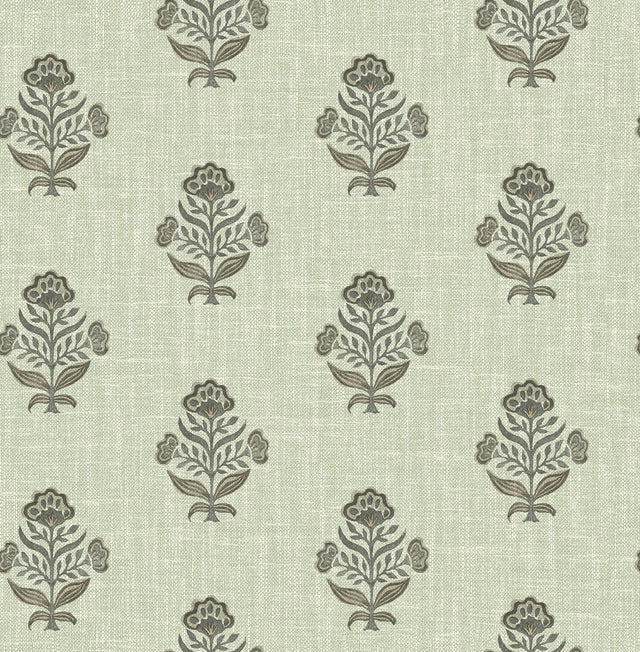 York Hollyhock Green Floral Crest Wallpaper