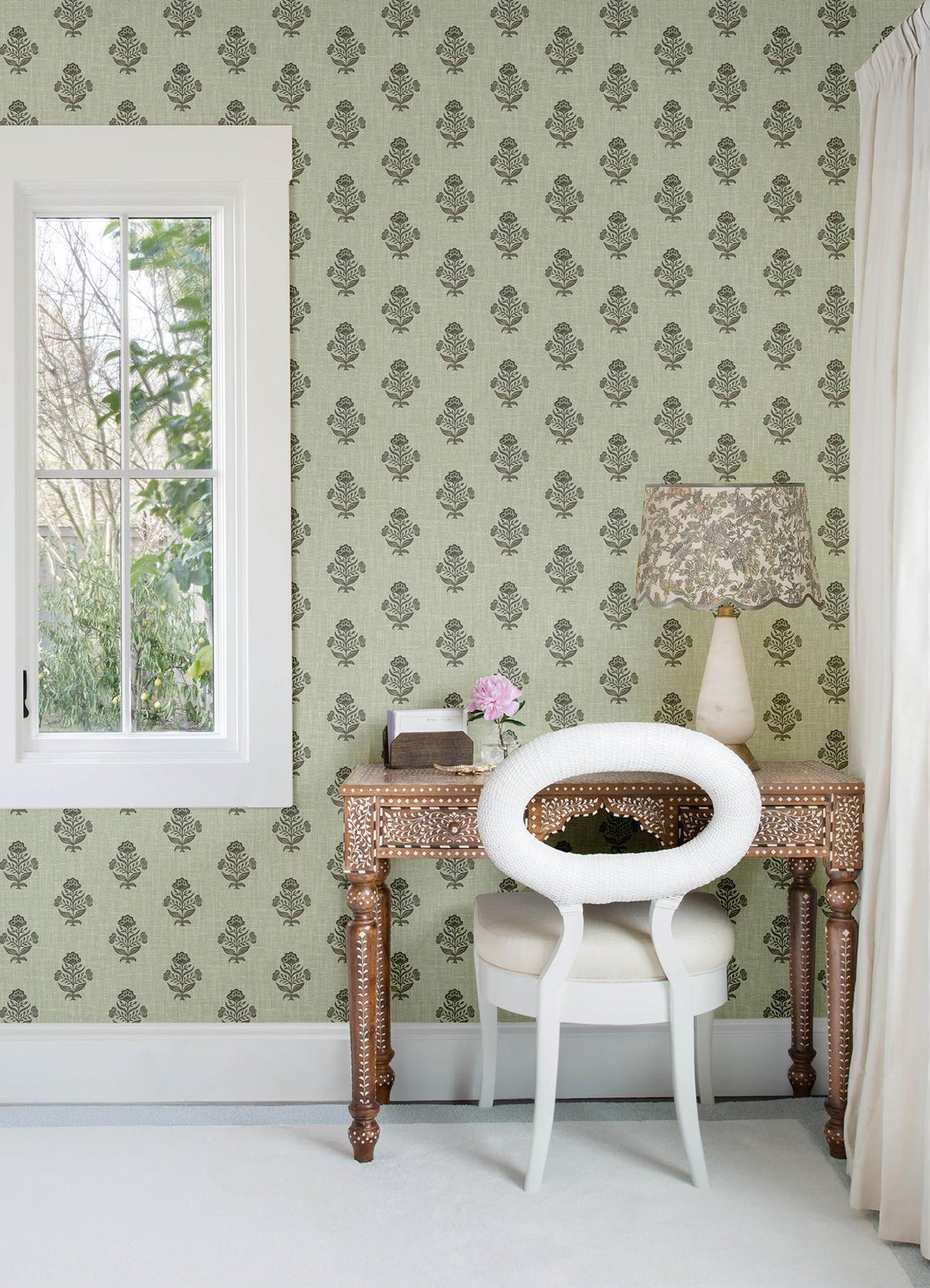 York Hollyhock Green Floral Crest Wallpaper