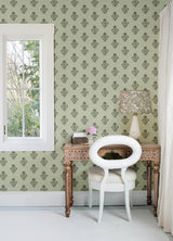 York Hollyhock Green Floral Crest Wallpaper