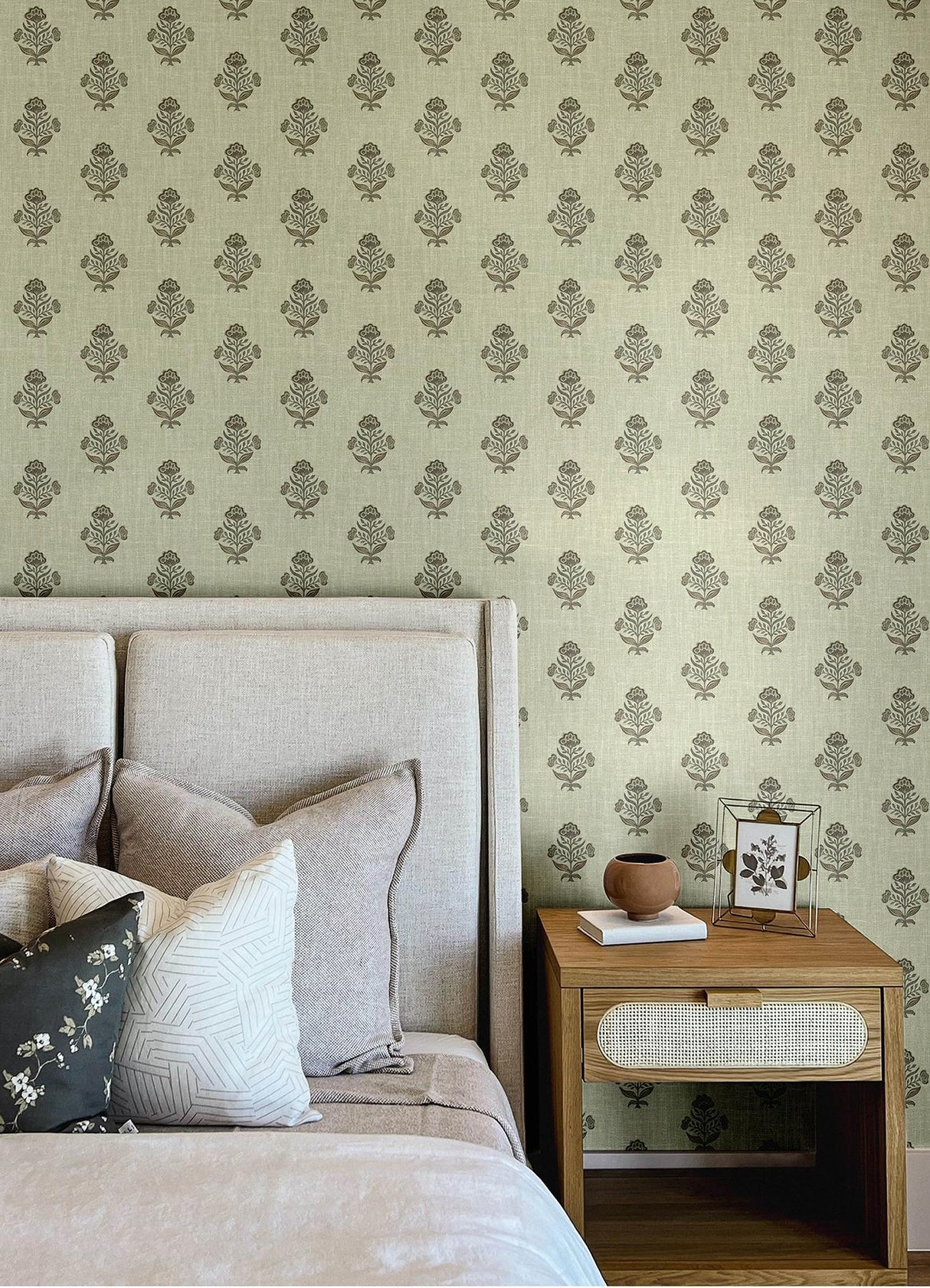 York Hollyhock Green Floral Crest Wallpaper