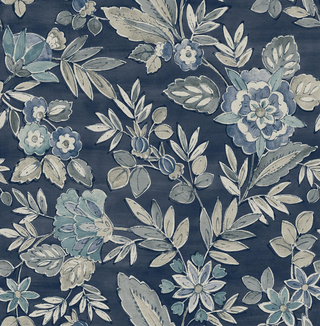 York Begonia Indigo Floral Trail Wallpaper