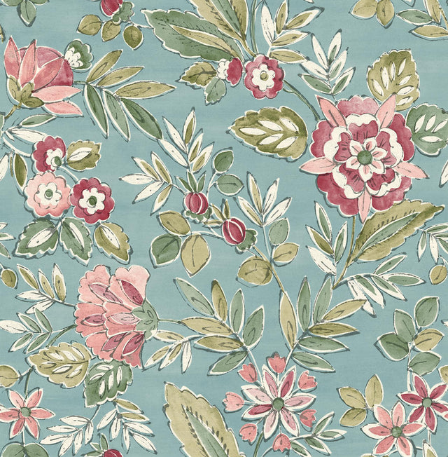 York Begonia Teal Floral Trail Wallpaper