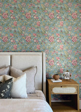 York Begonia Teal Floral Trail Wallpaper
