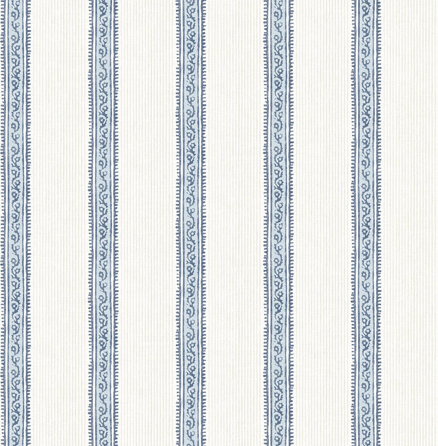 York Mandevilla Blue Vine Stripe Wallpaper