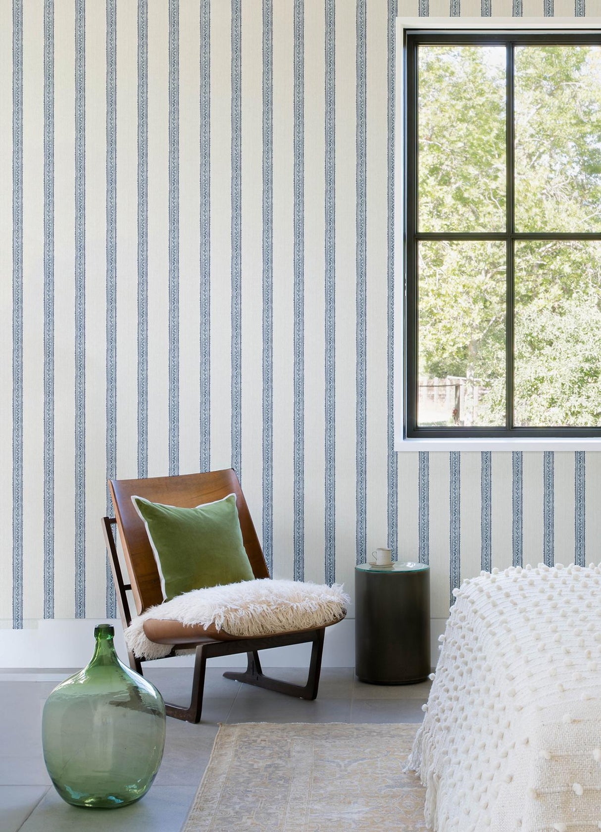 York Mandevilla Blue Vine Stripe Wallpaper