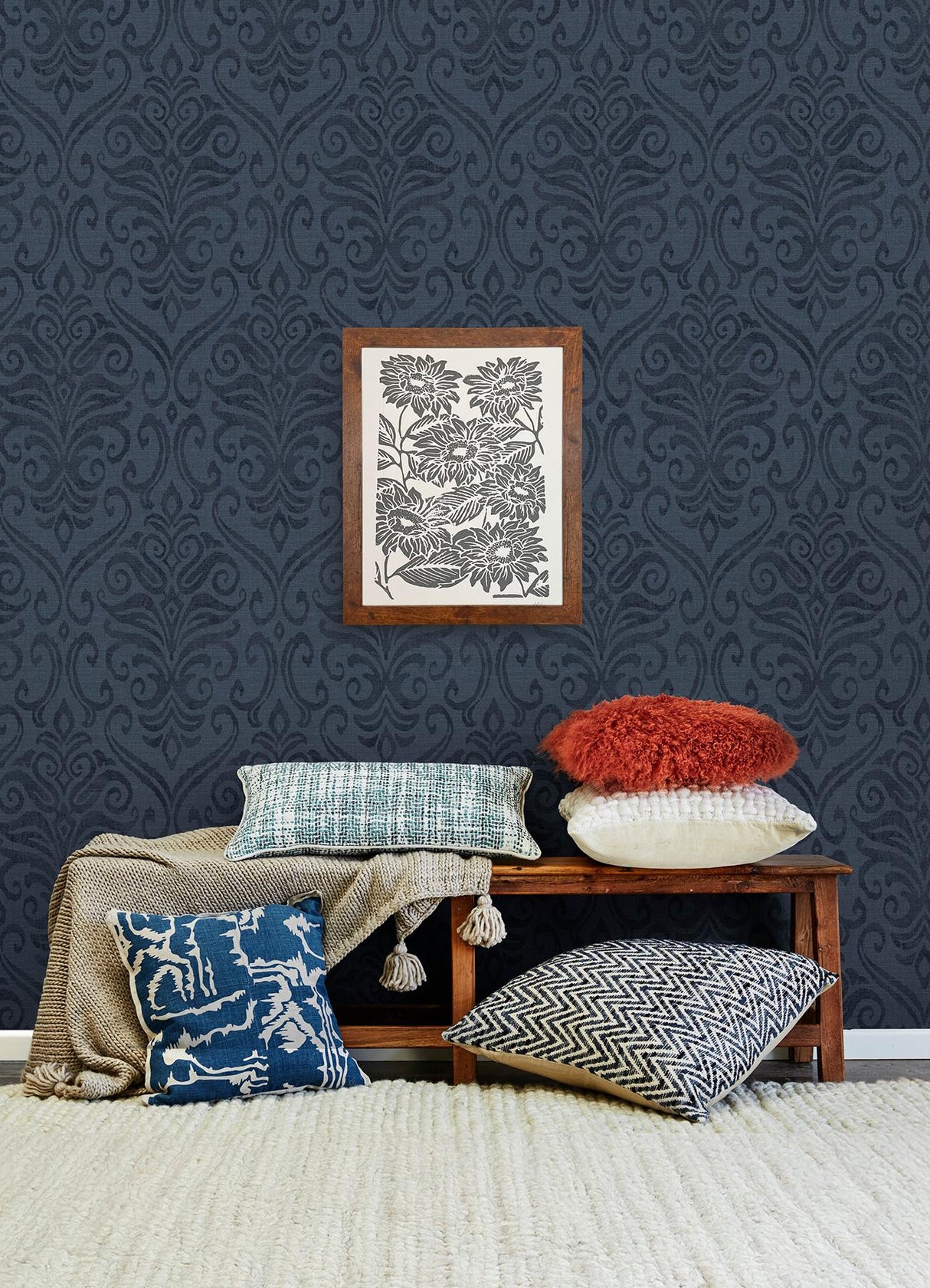 York Adavu Blue Damask Wallpaper