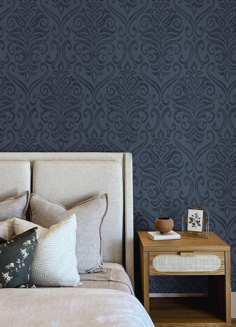 York Adavu Blue Damask Wallpaper