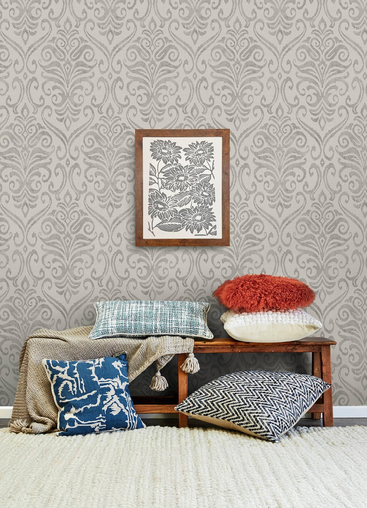 York Adavu Grey Damask Wallpaper