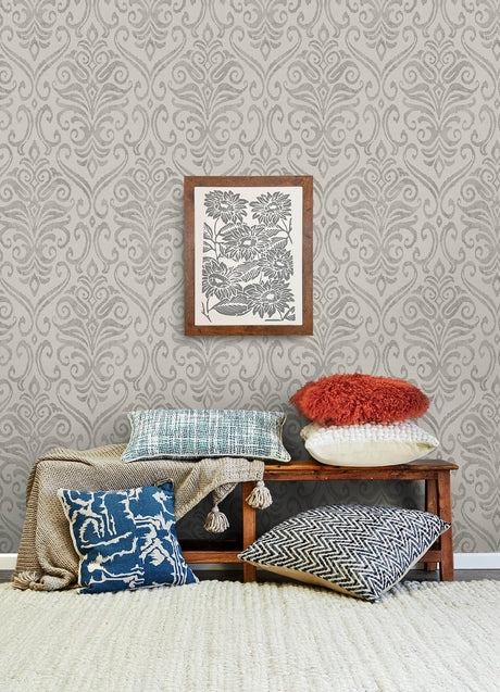 York Adavu Grey Damask Wallpaper