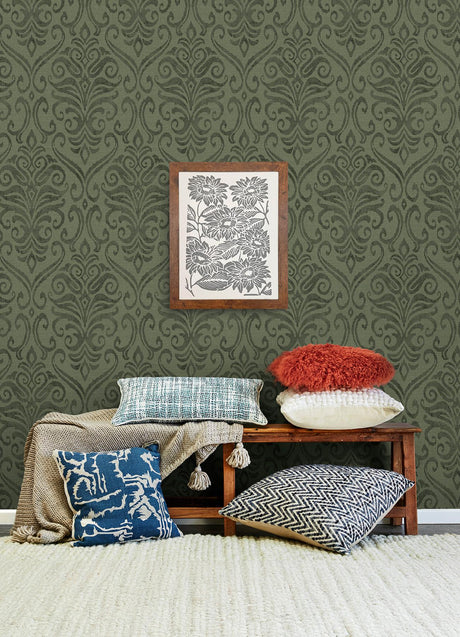 York Adavu Dark Green Damask Wallpaper