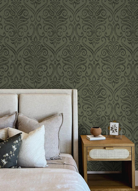 York Adavu Dark Green Damask Wallpaper