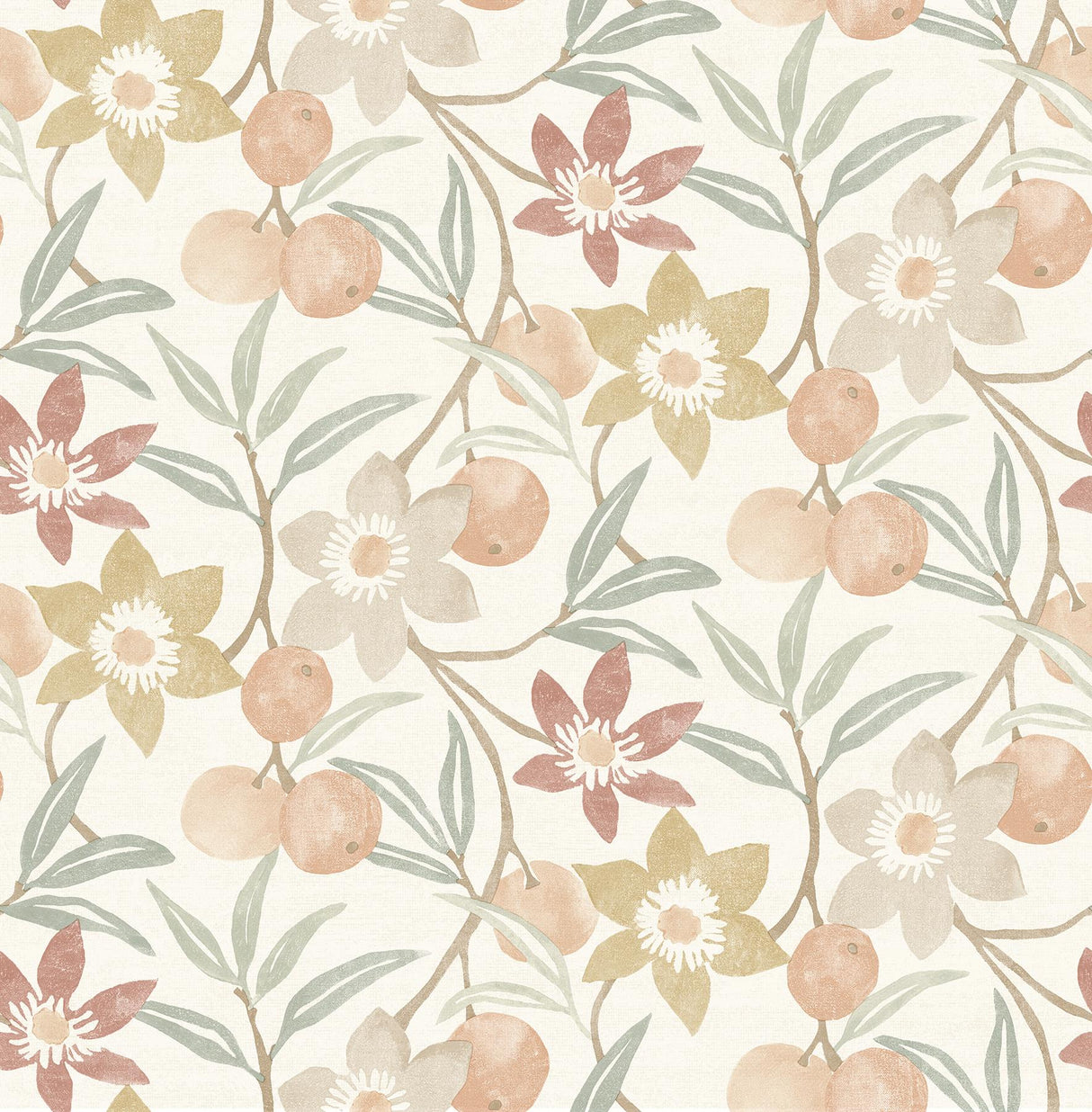 York Passiflora Peach Fruit and Floral Wallpaper