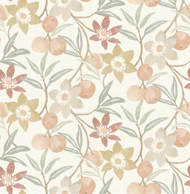 York Passiflora Peach Fruit and Floral Wallpaper
