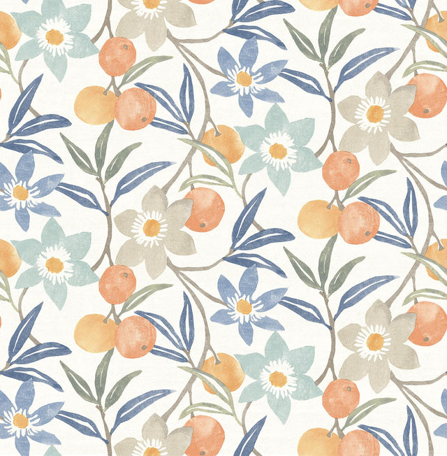 York Passiflora Blue Fruit and Floral Wallpaper