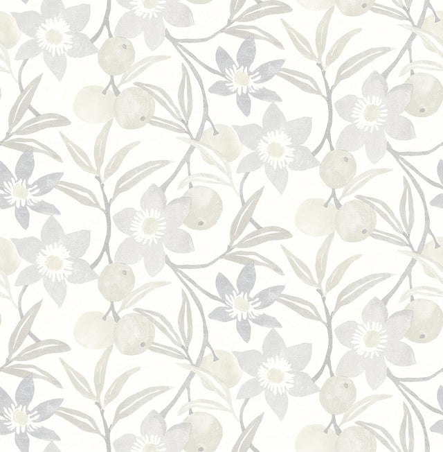 York Passiflora Grey Fruit and Floral Wallpaper