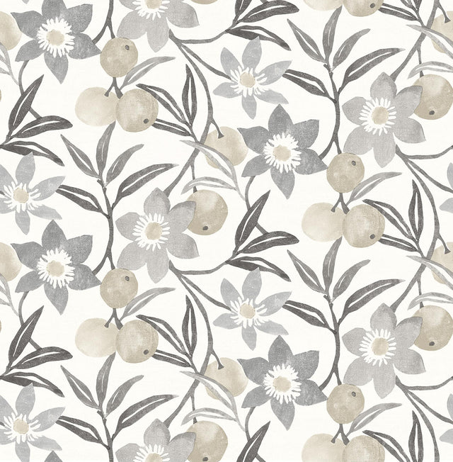 York Passiflora Charcoal Fruit and Floral Wallpaper
