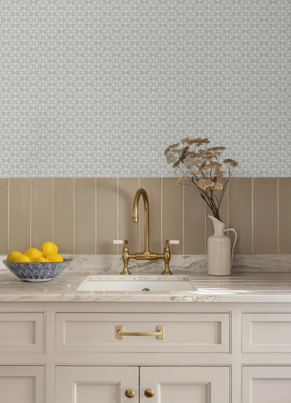 York Phlox Light Blue Floral Stamp Wallpaper