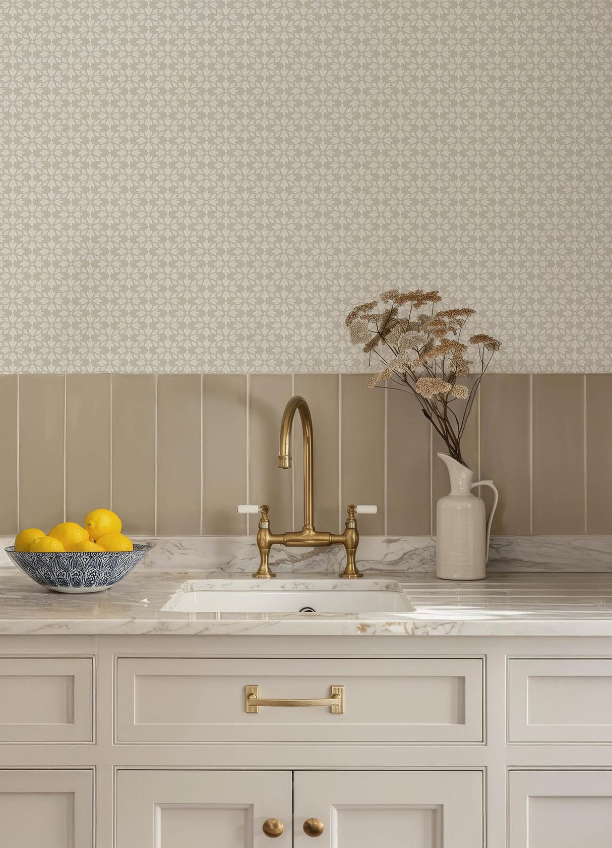 York Phlox Grey Floral Stamp Wallpaper