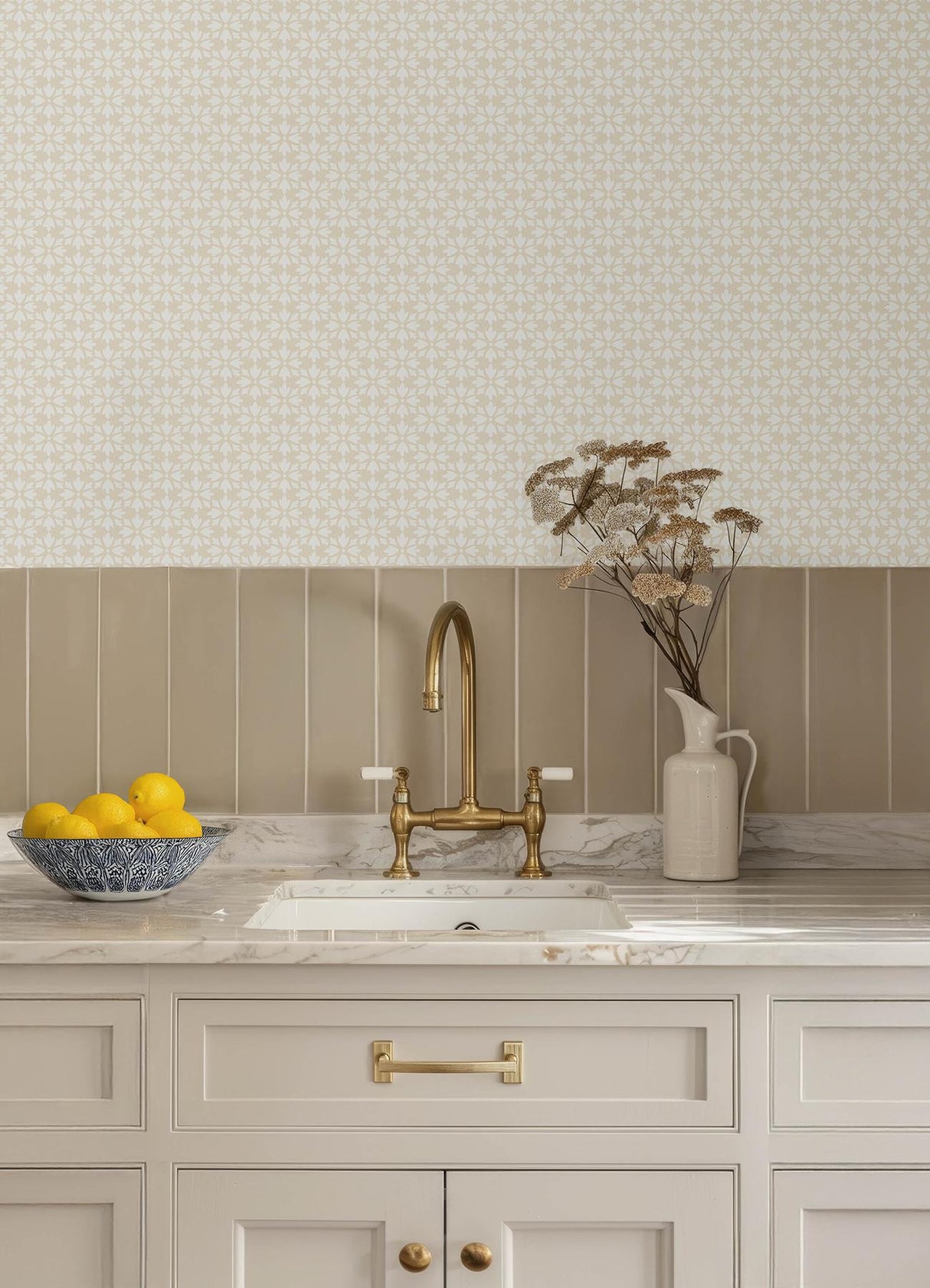 York Phlox Khaki Floral Stamp Wallpaper