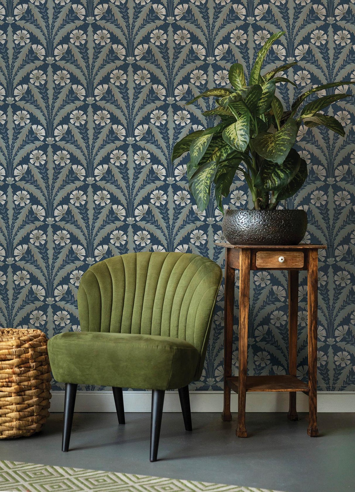 York Tap Root Dark Blue Floral Damask Wallpaper