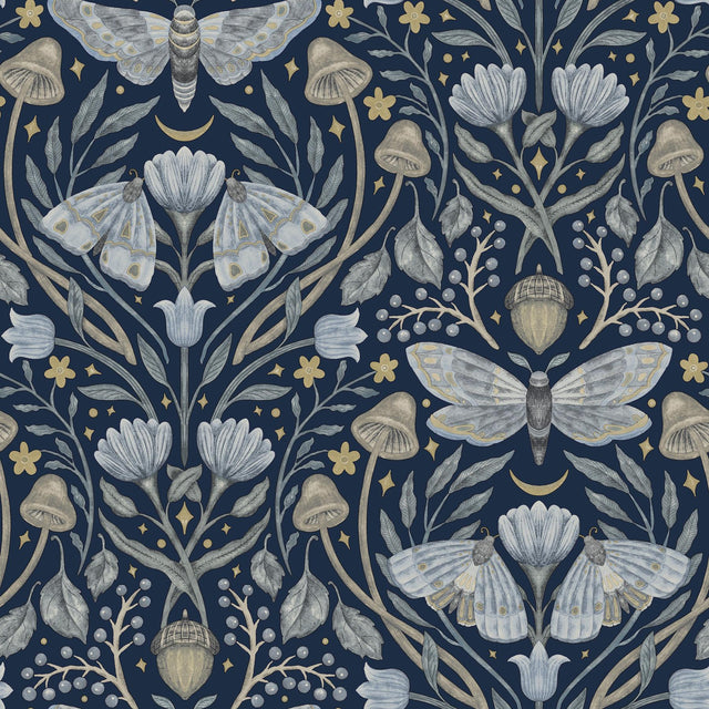 York Mystic Moth Navy Forest Magic Wallpaper