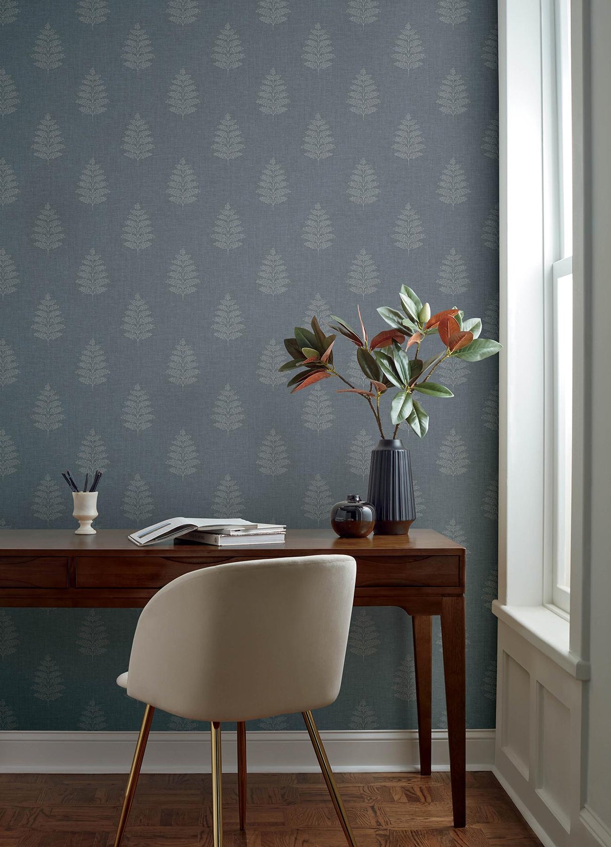 York Frond Denim Leaf Wallpaper