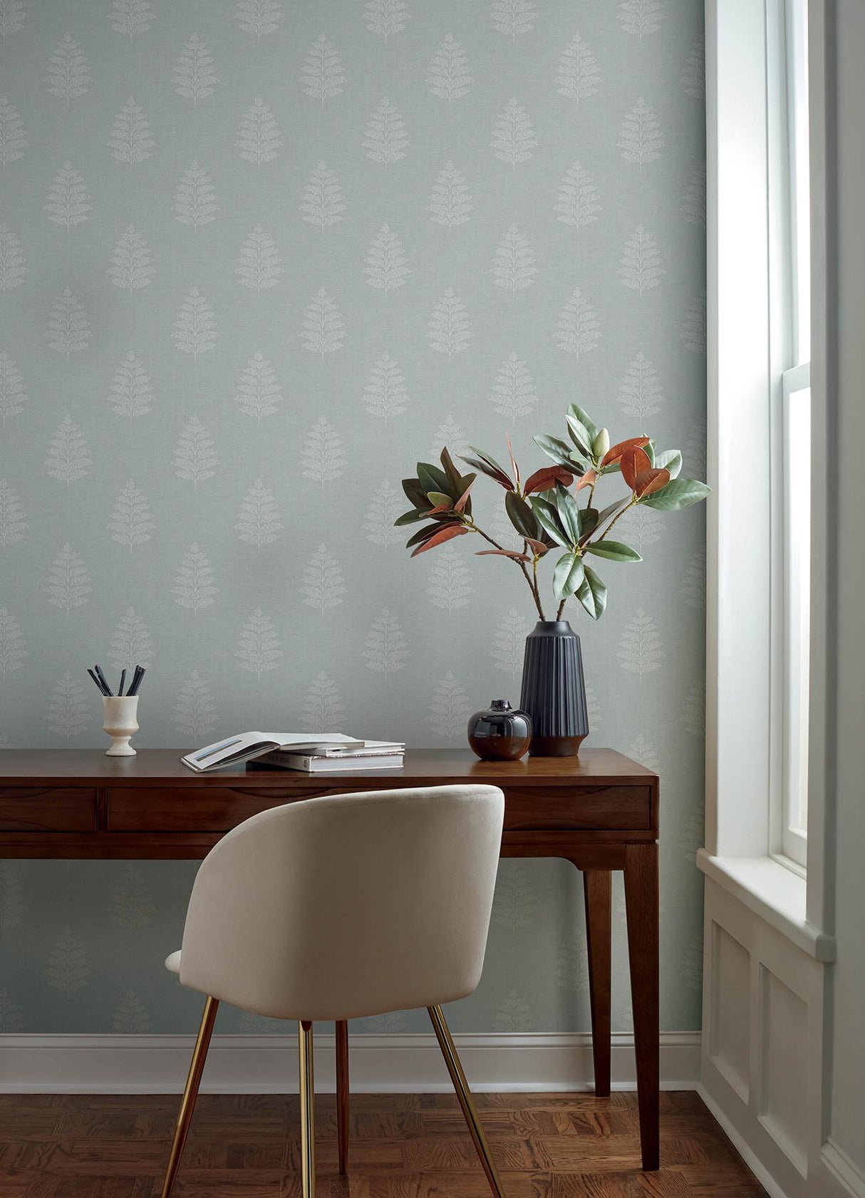 York Frond Light Blue Leaf Wallpaper