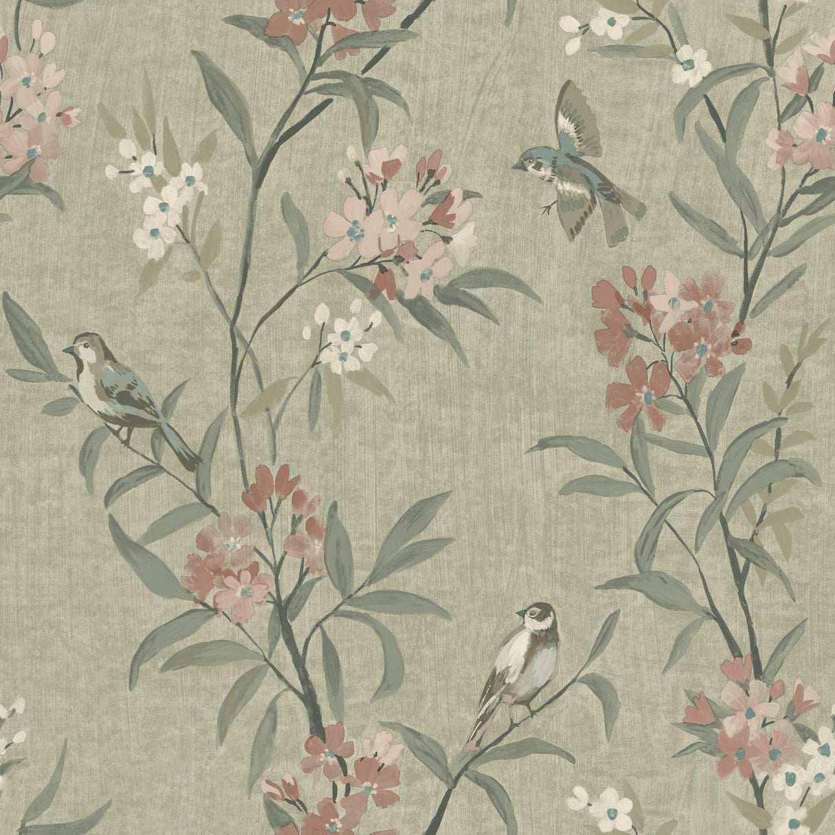 York Tea Olive Green Finch Frolic Wallpaper