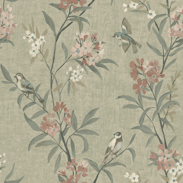 York Tea Olive Green Finch Frolic Wallpaper