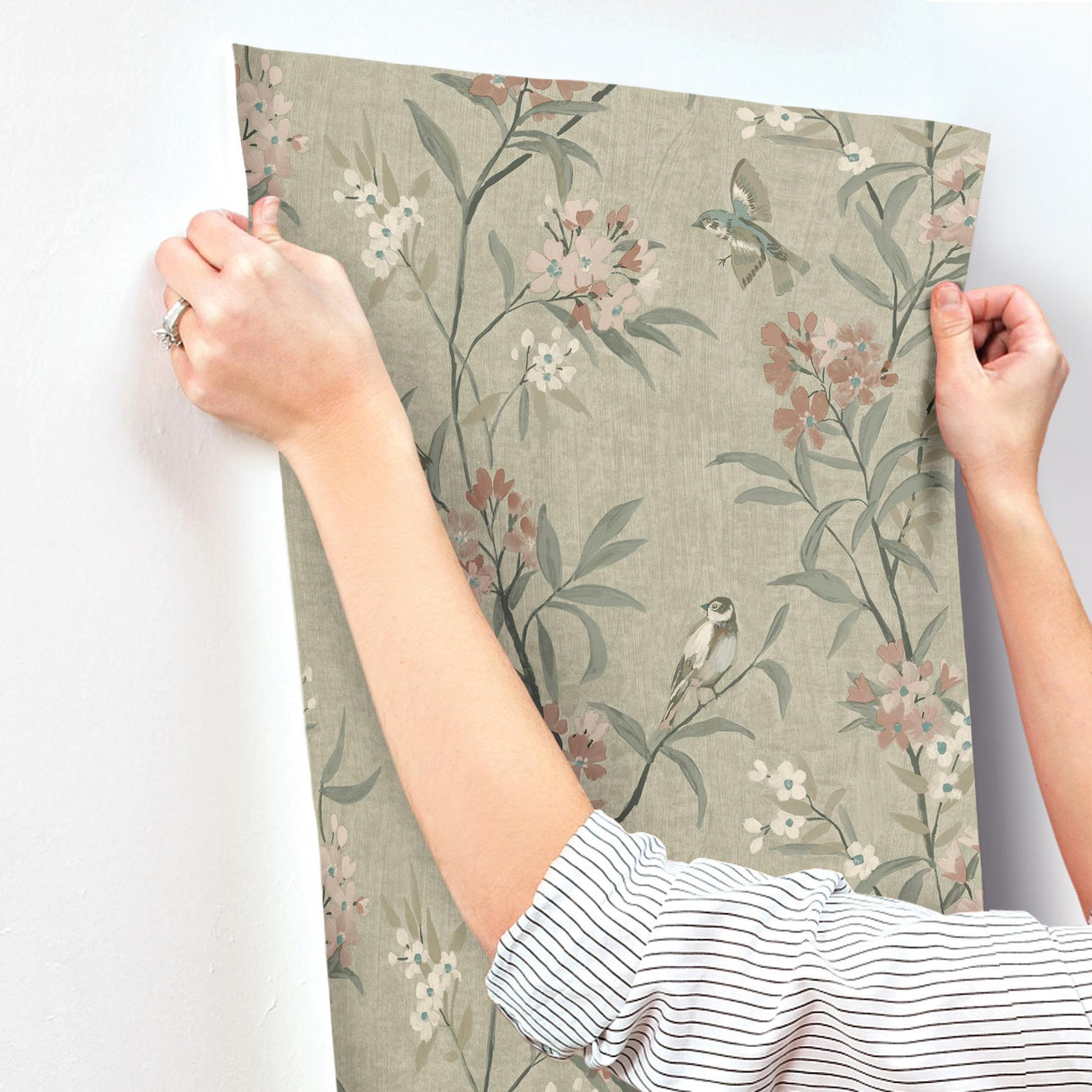 York Tea Olive Green Finch Frolic Wallpaper