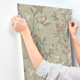 York Tea Olive Green Finch Frolic Wallpaper