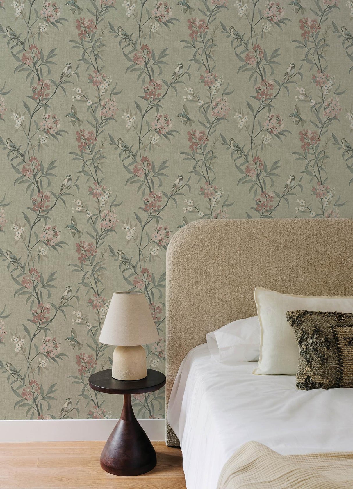 York Tea Olive Green Finch Frolic Wallpaper